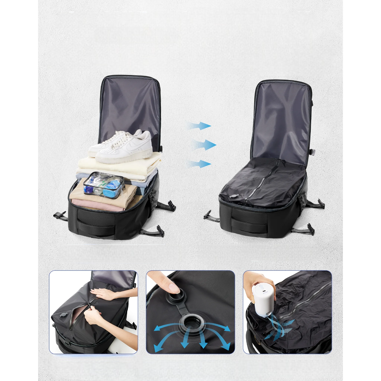 Sussurri Airback™ – Zaino da Viaggio Sottovuoto 40x30x20 | Bagaglio a Mano Ryanair e Compagnie Low-Cost+Pompa Elettrica Inclusa